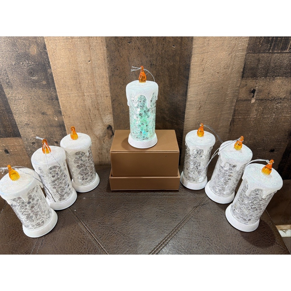 Set of 7 Vintage Plastic LED Flameless Candle Christmas Ornaments Glitter Drip